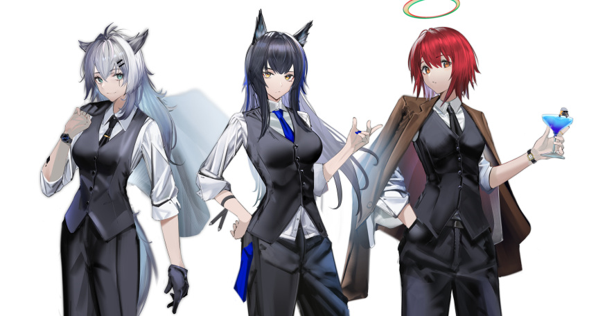 1girl 3girls absurdres adapted_costume alternate_costume animal_ear_fluff animal_ears aqua_eyes arknights bangs black_gloves black_hair black_jacket black_necktie black_pants black_vest blue_necktie breasts brown_jacket closed_mouth collared_shirt cowboy_shot eugle_na exusiai_(arknights) formal gloves grey_hair halo hand_in_pocket hand_up highres jacket jacket_on_shoulders jacket_over_shoulder jacket_removed lappland_(arknights) large_breasts long_hair long_sleeves looking_at_viewer multiple_girls necktie open_clothes open_jacket orange_eyes oripathy_lesion_(arknights) pants parted_lips red_hair scar scar_on_face shirt short_hair simple_background smile suit tail texas_(arknights) texas_the_omertosa_(arknights) the_emperor_(arknights) very_long_hair vest watch white_background white_shirt wolf_ears wolf_girl wolf_tail wristwatch yellow_eyes