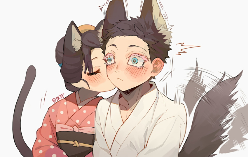 1boy 1girl :&lt; afterimage animal_ear_fluff animal_ears artist_name black_hair blue_eyes blush cat_ears cat_girl cat_tail closed_eyes closed_mouth colored_eyelashes couple dog_boy dog_ears dog_tail dougi ear_blush ears_up extra_ears eyelashes hair_bun hair_pulled_back hakuji_(kimetsu_no_yaiba) hetero japanese_clothes jiuyu0 kemonomimi_mode kimetsu_no_yaiba kimono kiss kissing_cheek koyuki_(kimetsu_no_yaiba) long_sleeves mismatched_eyelashes motion_lines nihongami obi one_eye_covered pink_kimono polka_dot polka_dot_kimono sash short_hair simple_background single_hair_bun surprised tail tail_raised tail_wagging updo upper_body white_background