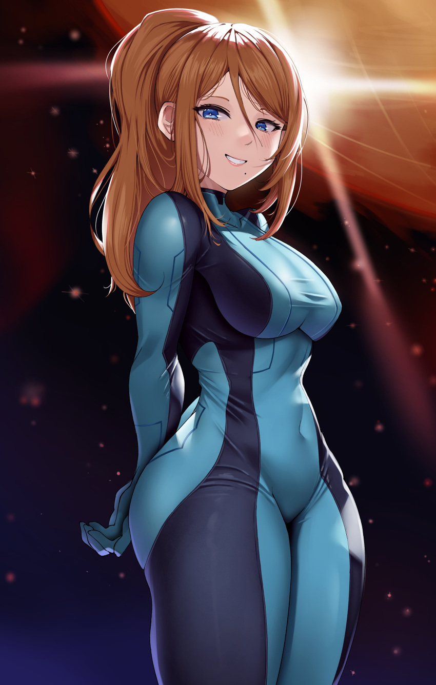 1girl absurdres arms_behind_back bangs blonde_hair blue_bodysuit blue_eyes blush bodysuit breasts commentary covered_navel english_commentary high_ponytail highres long_hair long_sleeves looking_at_viewer luxpineapple medium_breasts metroid mole mole_under_mouth parted_lips ponytail samus_aran shiny_clothes sidelocks simple_background skin_tight smile space star_(sky) teeth turtleneck zero_suit