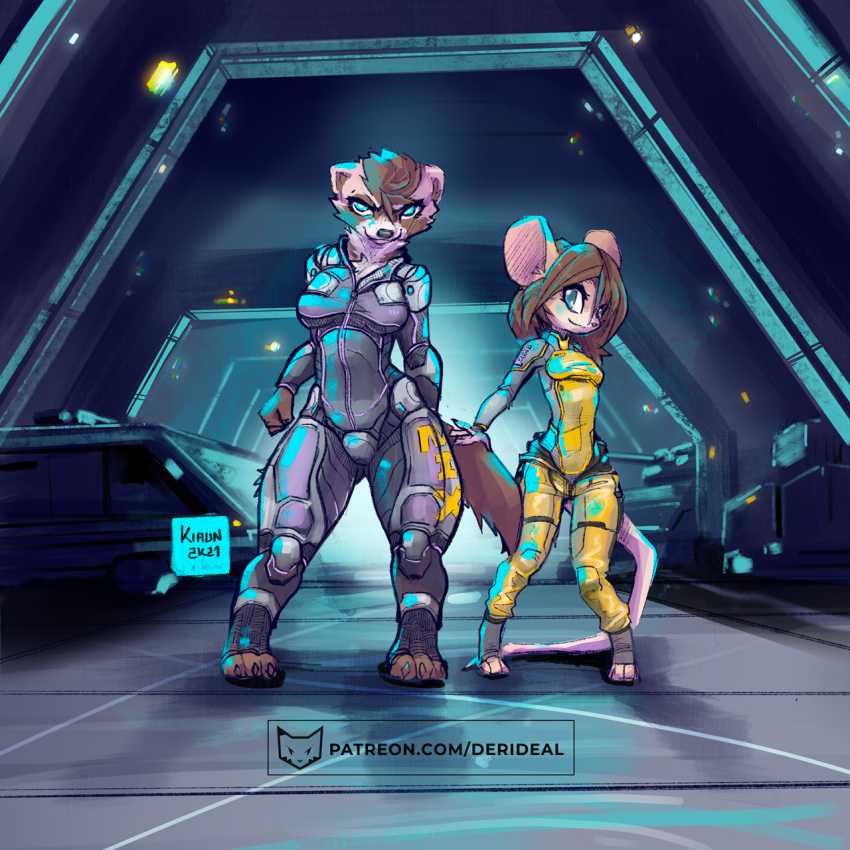 1:1 2021 animal_tail anthro archway armor black_nose bloom blue_eyes bodysuit bright_light brown_hair claws clothing colored detailed_background digital_drawing_(artwork) digital_media_(artwork) domestic_ferret duo ear_tuft ears_back ears_up feet female female/female fur glowing grey_eyes grey_nose grin hair hi_res inner_ear_fluff kiaun lights long_hair machine mammal metal_floor mix_(derideal) mouse murid murine mustelid musteline package paws pivoted_ears pixi_(derideal) pose rodent science_fiction shaded signature skinsuit small_nose smile tail tail_fluff tail_tuft tan_body tank text tight_clothing true_musteline tuft url vehicle weasel white_body