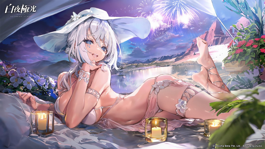 1girl ai-assisted alchemy_stars azure_(alchemy_stars) bare_shoulders barefoot bikini blanket blue_eyes blurry blurry_foreground breasts candle cloud company_name copyright_name feet fireworks flower grey_hair hat highres lake large_breasts legs long_hair looking_at_viewer lying messikid mountainous_horizon navel official_art on_side open_mouth outdoors pillow smile soles solo sun_hat swimsuit thigh_strap toes water white_bikini white_headwear wristband