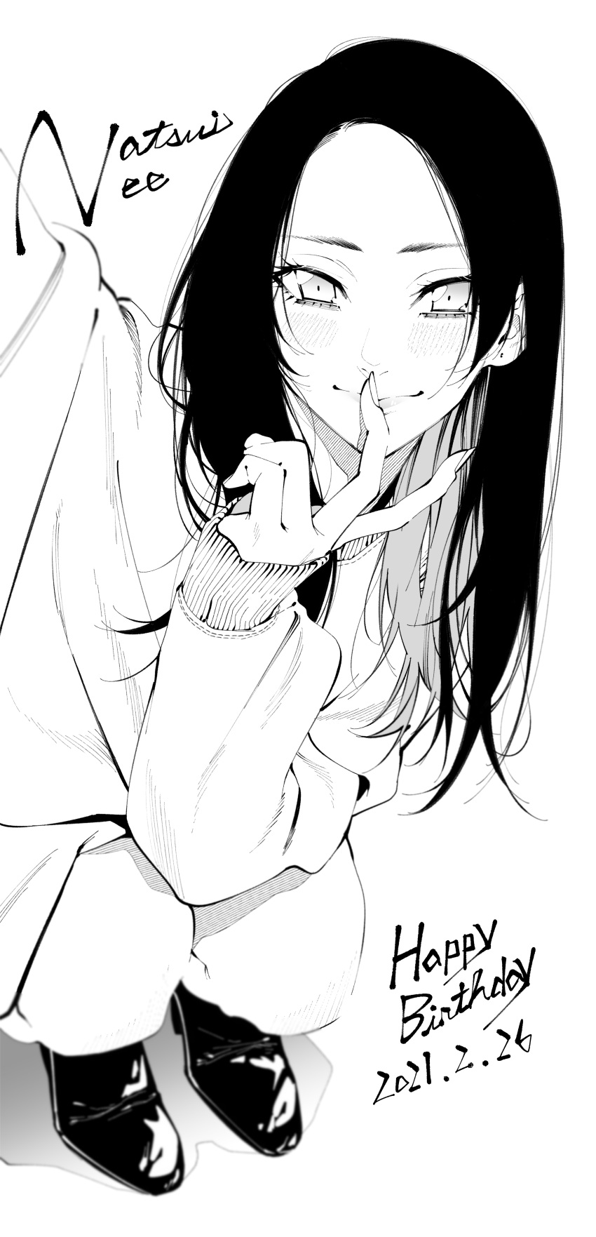 1girl absurdres blush character_request commentary_request dated finger_to_mouth greyscale happy_birthday highres long_hair long_sleeves looking_at_viewer monochrome original real_life selfie simple_background sleeves_past_wrists solo squatting sweater v vice_(kuronekohadokoheiku)