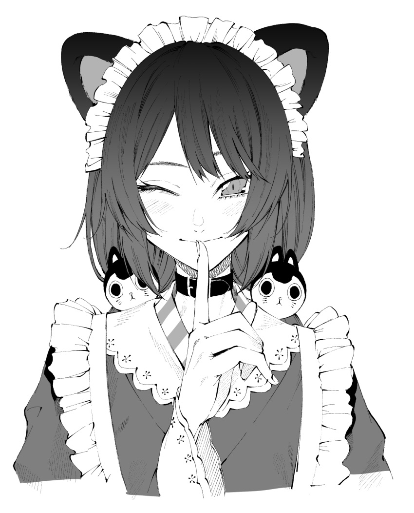 1girl animal_ears belt_collar collar dog_ears dog_girl finger_to_mouth frilled_kimono frills greyscale highres index_finger_raised inui_toko japanese_clothes kimono long_hair looking_at_viewer low_twintails maid_headdress monochrome nijisanji one_eye_closed simple_background smile solo straight-on twintails upper_body vice_(kuronekohadokoheiku) virtual_youtuber wa_maid