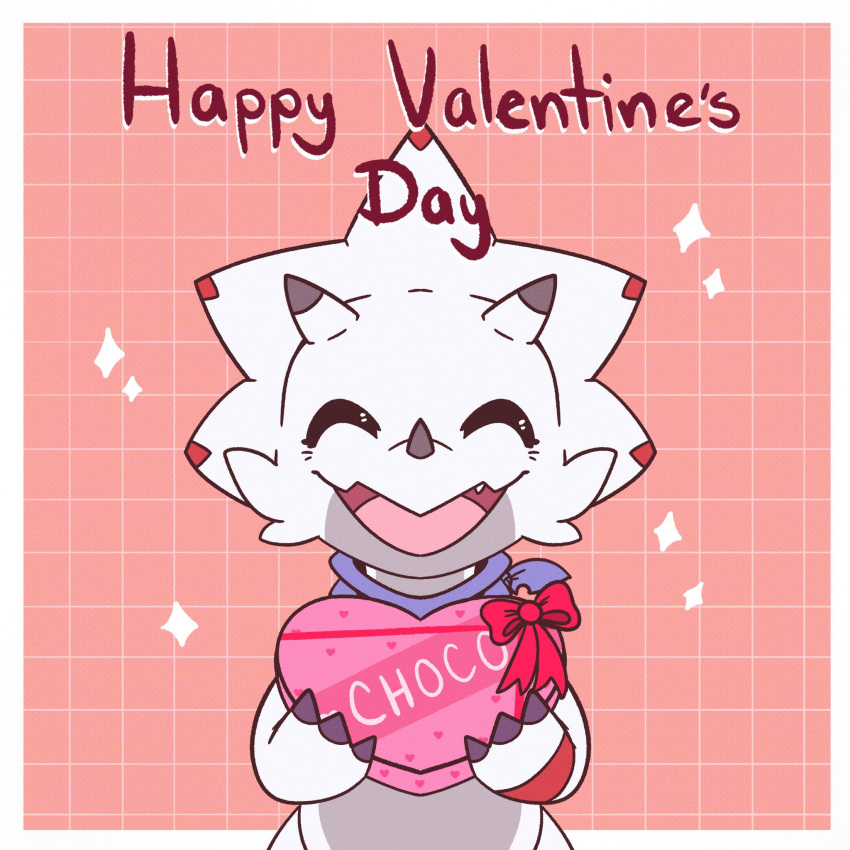 anthro bandai_namco bandanna box_of_chocolates candy chocolate claws dessert digimon digimon_(species) digimon_ghost_game english_text food gammamon hi_res holidays horn kerchief looking_at_viewer male ridgeone1 scalie smile solo text valentine's_day white_body