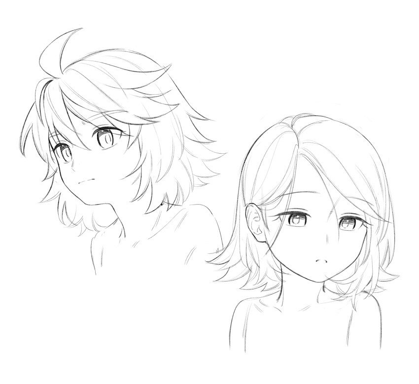 1boy 1girl ahoge androgynous bare_shoulders bon_bon_eee closed_mouth collarbone greyscale hair_down hairclip_removed half-closed_eyes highres kagamine_len kagamine_rin looking_down medium_hair monochrome parted_lips reference_sheet short_hair sketch topless vocaloid