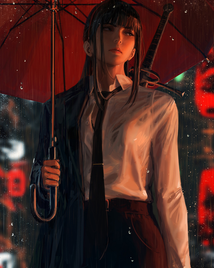 1girl absurdres black_bra black_jacket black_necktie black_pants blurry blurry_background bra breasts collared_shirt depth_of_field guweiz highres holding holding_umbrella jacket long_sleeves necktie neon_lights night original outdoors pants rain red_umbrella see-through shirt small_breasts solo sword sword_on_back tie_clip umbrella underwear weapon weapon_on_back wet wet_clothes wet_shirt white_shirt