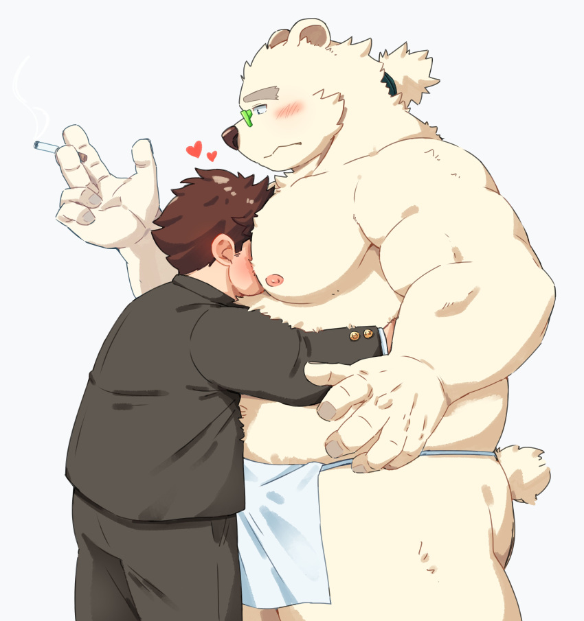 &lt;3 2023 absurd_res anthro asian_clothing bear belly big_belly blush bottomwear chubby_protagonist_(tas) clothing duo east_asian_clothing embrace eyewear fundoshi glasses hi_res hug human human_on_anthro humanoid_hands interspecies japanese_clothing jerry_5779 kemono leib_(tas) lifewonders male male/male mammal overweight overweight_male pants polar_bear protagonist_(tas) shirt tokyo_afterschool_summoners topwear underwear ursine white_clothing white_fundoshi white_underwear