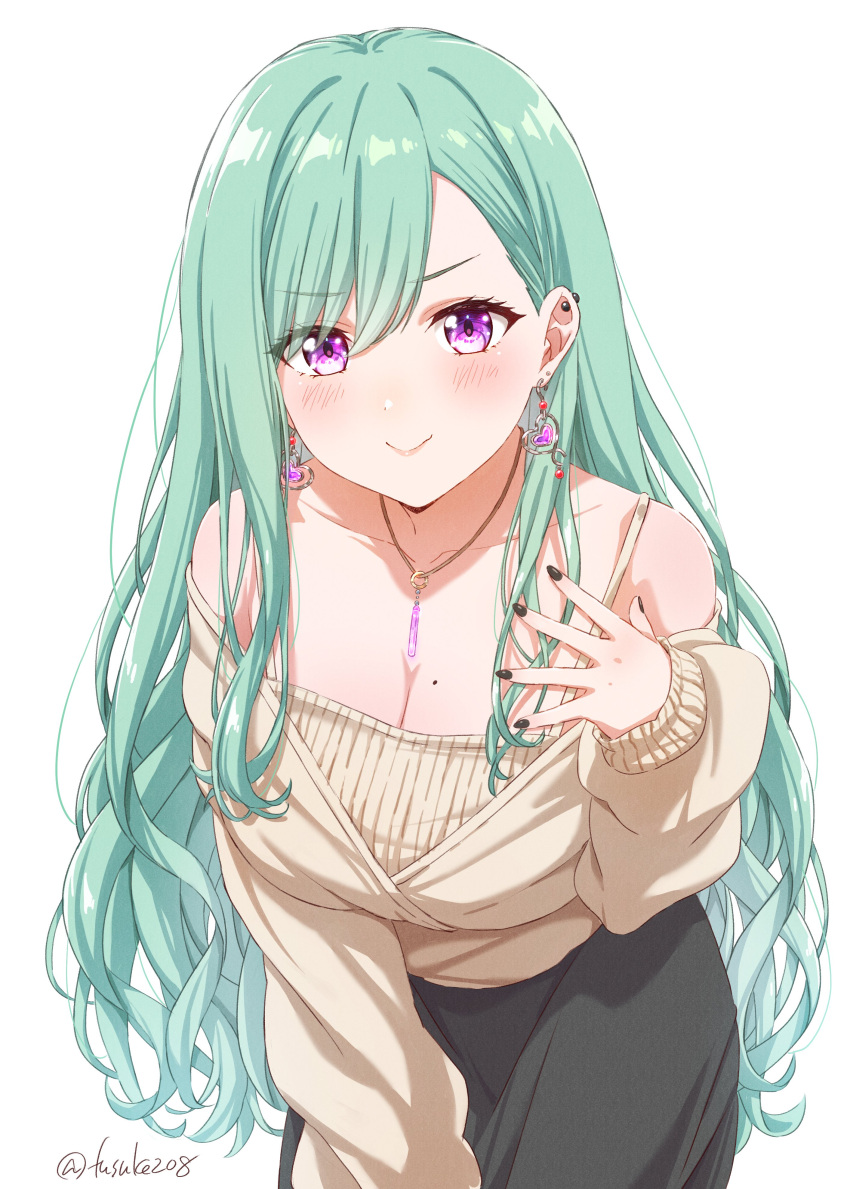 1girl absurdres alternate_costume bangs black_nails black_skirt blush breasts cleavage closed_mouth ear_piercing earrings fuusuke_(fusuke208) green_hair hand_up highres jewelry large_breasts leaning_forward long_hair looking_at_viewer mole mole_on_breast necklace no_bra off-shoulder_sweater off_shoulder piercing purple_eyes simple_background skirt sleeves_past_wrists smile solo sweater twitter_username upper_body very_long_hair virtual_youtuber vspo! wavy_hair white_background yakumo_beni