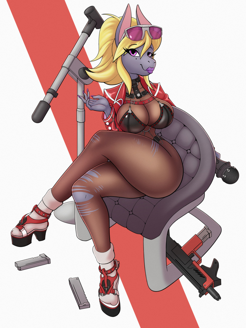 ammunition anthro asinus bedroom_eyes blonde_hair bra breasts chair choker clothing coat cosplay crossed_legs donkey equid equine eyewear female footwear furniture glasses goddess_of_victory:_nikke gun hair hi_res jewelry legwear lipstick makeup mammal markings microphone mole_(marking) narrowed_eyes necklace raki_boi ranged_weapon sarah_steiner_(raki_boi) seductive smile socks solo stockings submachine_gun thick_thighs topwear torn_clothing torn_legwear torn_stockings underwear weapon