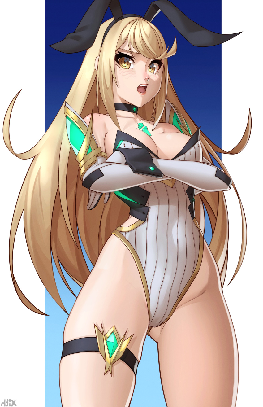 1girl absurdres animal_ears bangs bare_shoulders blonde_hair blush breasts chest_jewel cleavage fake_animal_ears highres large_breasts leotard long_hair looking_at_viewer mythra_(xenoblade) nontraditional_playboy_bunny playboy_bunny rabbit_ears solo strapless strapless_leotard swept_bangs tiara tsundere very_long_hair x_xith_x xenoblade_chronicles_(series) xenoblade_chronicles_2 yellow_eyes