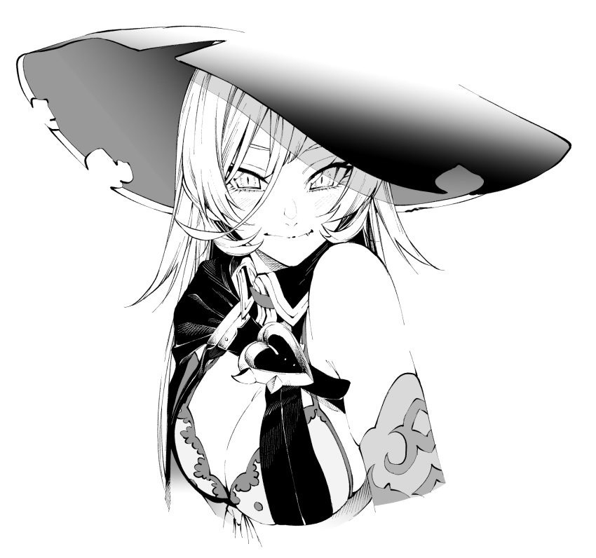 1girl breasts buckle cape cleavage commentary_request cropped_torso fang greyscale hat heart heart-shaped_buckle highres long_hair looking_at_viewer monochrome nijisanji nui_sociere simple_background smile solo torn_clothes torn_hat upper_body vice_(kuronekohadokoheiku) virtual_youtuber witch witch_hat