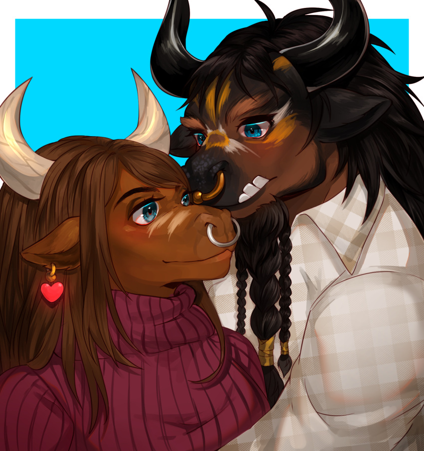 &lt;3 anthro beard black_hair blizzard_entertainment blue_background blue_eyes bovid bovine braided_beard brown_body brown_fur brown_hair clothing collared_shirt duo ear_piercing ear_ring eyebrows facial_hair facial_piercing female fur fur_markings gold_(metal) gold_jewelry hair hi_res horn jewelry male male/female mammal markings nekuromi nose_piercing nose_ring piercing ring_piercing silver_(metal) silver_jewelry simple_background sweater tam_autumnsnout tamaala_autumnsnout tauren teeth thick_eyebrows thin_eyebrows topwear turtleneck warcraft