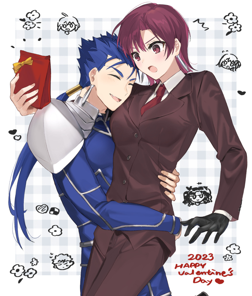 1boy 1girl 2023 armor artoria_pendragon_(fate) bazett_fraga_mcremitz black_gloves blue_bodysuit blue_hair blush bodysuit brown_pants brown_suit buttons chibi closed_eyes commentary_request cu_chulainn_(fate) cu_chulainn_(fate/stay_night) earrings emiya_shirou english_text fang fate/hollow_ataraxia fate/stay_night fate_(series) formal gloves hair_tubes happy_valentine hetero highres holding hug jewelry long_hair long_sleeves matou_sakura mole mole_under_eye necktie pants ponytail purple_hair rizu033 saber short_hair shoulder_armor smile suit tohsaka_rin valentine