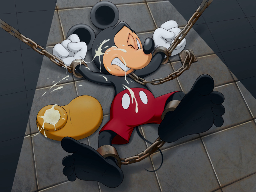 anthro bodily_fluids bottomwear bound chain clothing cum cum_in_shoe cum_on_face disney genital_fluids hi_res male mammal mickey_mouse mickeyryona mouse murid murine rodent shorts