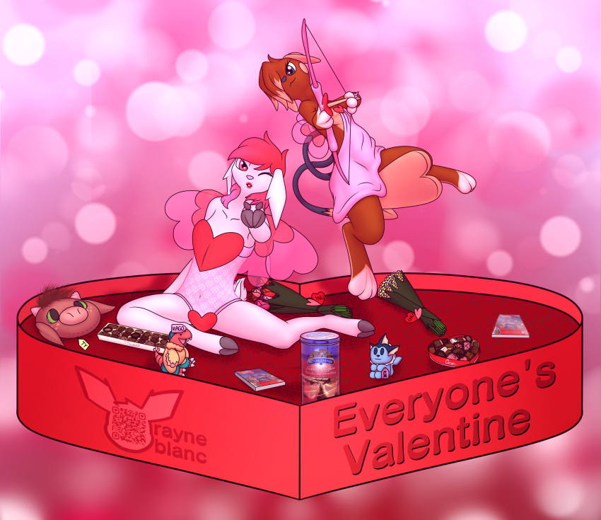 &lt;3 absurd_res albino albinoraynedeer alolan_form alolan_raichu archeops bangs blowing_kiss bonnie_the_raichu bouquet bow_(weapon) box_of_chocolates candy capreoline chocolate clothing cookie_tin costume cupid daisy_(disambiguation) deer dessert eeveelution fake_wings female fishnet food fossil_pokemon generation_1_pokemon generation_5_pokemon hi_res holidays hot_wheels levitating looking_at_viewer mammal mattel nintendo plushie pokemon pokemon_(species) raichu ranged_weapon rayne_blanc regional_form_(pokemon) rose_(disambiguation) shiny_pokemon sitting totem tulip valentine's_day vaporeon video_games weapon white-tailed_deer