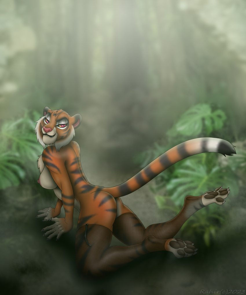 anthro breasts claws clothing digital_media_(artwork) felid feline female forest hi_res invalid_tag jungle legwear lion_guard mammal nipples nude pantherine pawpads paws plant pose solo stockings thick_thighs thighs tiger tree varyah
