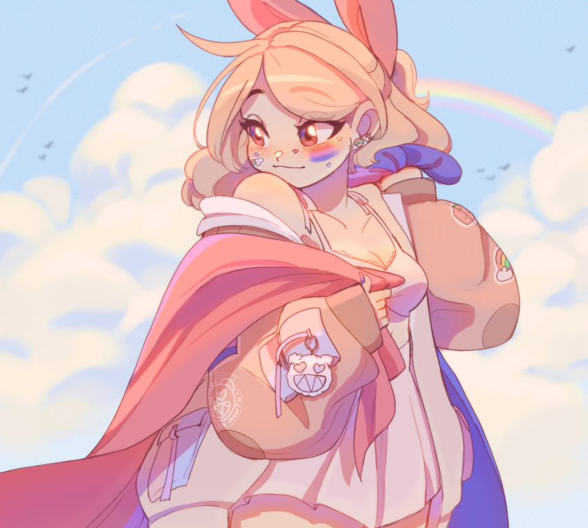 1girl absurdres bisexual_flag breasts brown_eyes brown_jacket cleavage cloud collarbone commentary cudlil cudlil_(character) dress facepaint flag hair_behind_ear hair_ribbon highres holding holding_flag jacket lgbt_pride light_brown_hair long_hair looking_back medium_breasts original rainbow red_ribbon ribbon sky smile solo sticker_on_face symbol-only_commentary white_dress