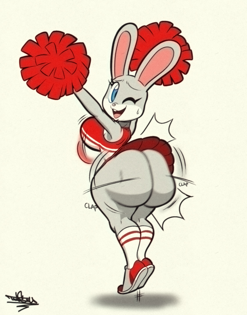 anthro ass_clapping big_breasts big_butt blue_eyes bottomwear breasts butt cheerleader clothed clothing english_text female footwear hi_res huge_breasts huge_butt knee_highs knee_socks lagomorph legwear leporid looking_at_viewer looking_back mammal no_underwear one_eye_closed onomatopoeia open_mouth pom_poms rabbit shirt shoes skirt sneakers socks solo sound_effects tansau text thick_thighs topwear twerking white_body wide_hips