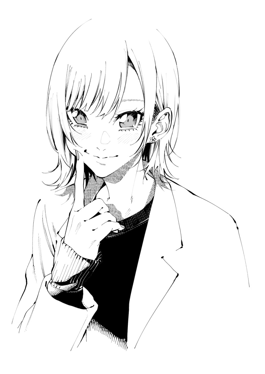 1girl blush commentary_request earrings finger_to_mouth fingersmile flower_earrings greyscale highres jacket jewelry long_sleeves looking_at_viewer monochrome open_clothes open_jacket original short_hair simple_background sleeves_past_wrists smile solo stud_earrings upper_body vice_(kuronekohadokoheiku)