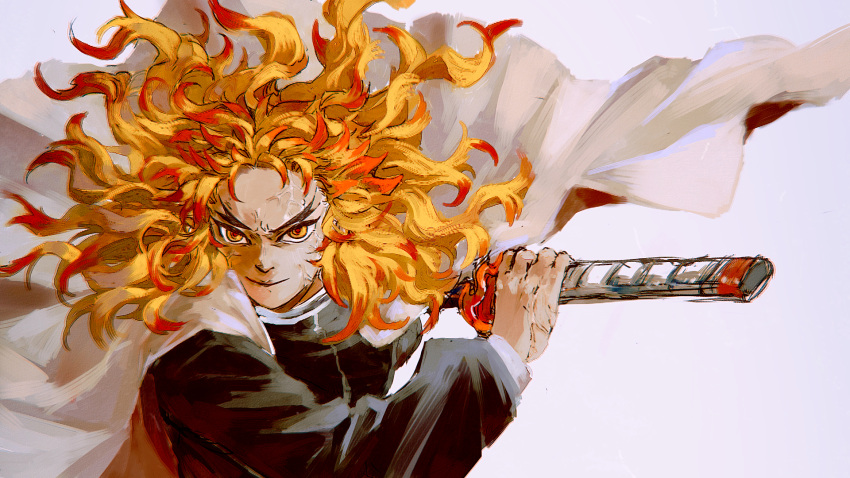 1boy blonde_hair cape closed_mouth colored_tips demon_slayer_uniform f_rabbit fighting_stance flame_print floating_cape floating_clothes floating_hair forked_eyebrows highres holding holding_sword holding_weapon katana kimetsu_no_yaiba long_hair long_sleeves male_focus multicolored_hair ready_to_draw red_hair rengoku_kyoujurou simple_background smile solo streaked_hair sword traditional_media upper_body veins weapon white_background white_cape yellow_eyes