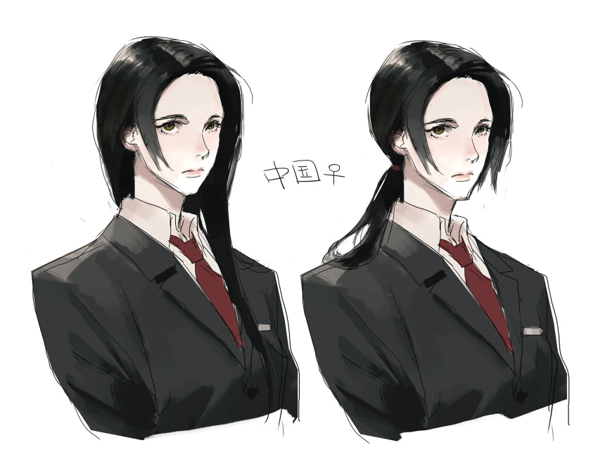 1girl alternate_costume axis_powers_hetalia bangs black_hair black_suit breasts china_(hetalia) expressionless formal genderswap genderswap_(mtf) hair_down highres low_ponytail medium_hair necktie parted_bangs red_necktie shirt suit uka402 visible_ears white_shirt