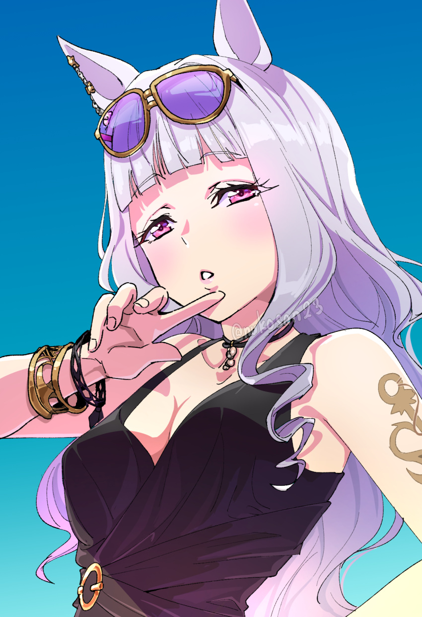 1girl animal_ears arm_tattoo bangle bare_shoulders black_one-piece_swimsuit blush bracelet breasts cleavage eyewear_on_head gold_ship_(run_revolt_launcher)_(umamusume) gold_ship_(umamusume) half-closed_eyes hand_up highres horse_ears index_finger_raised jewelry long_hair looking_at_viewer necklace nukosann one-piece_swimsuit open_mouth purple_eyes purple_hair small_breasts solo sunglasses swimsuit tattoo twitter_username umamusume upper_body watermark