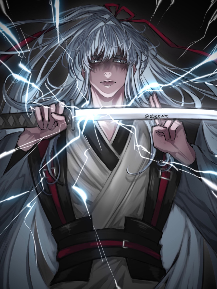 1boy bangs blue_eyes blue_hair colored_eyelashes dark_background electricity evie_(baoxiao) glowing glowing_eyes hair_ribbon highres holding holding_sword holding_weapon katana kyrgios_rodgraim long_hair long_sleeves looking_at_viewer male_focus omniscient_reader's_viewpoint ponytail ribbon robe serious shaded_face solo sword weapon wide_sleeves