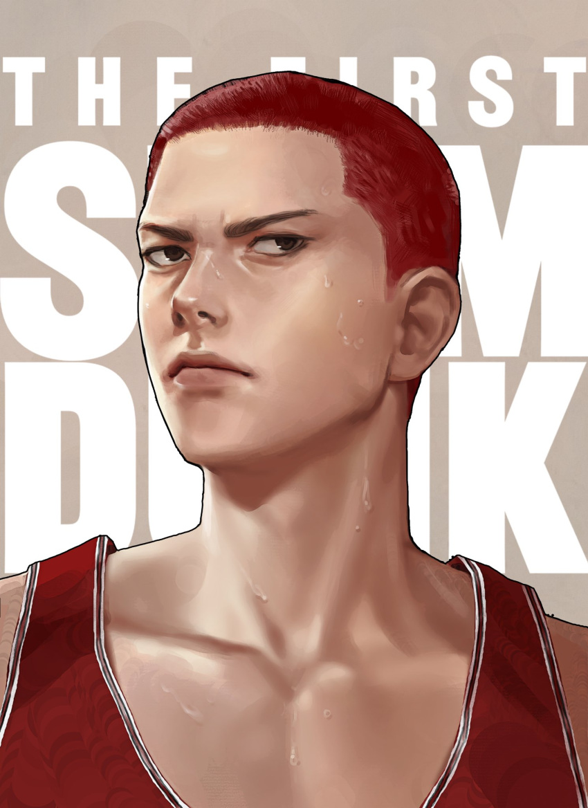 1boy basketball_uniform blueship4985 brown_eyes buzz_cut copyright_name english_text highres korean_commentary male_focus portrait red_hair sakuragi_hanamichi serious shirt short_hair sideways_glance simple_background slam_dunk_(series) sleeveless sleeveless_shirt solo sportswear sweat very_short_hair