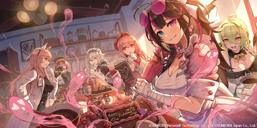 6+girls ahoge angela_(crisp_nursery_rhyme)_(girls'_frontline_nc) angela_(girls'_frontline_nc) animal_ears apron bandaged_arm bandages blue_eyes book bowl breasts cake camera centaureissi_(girls'_frontline_nc) chocolate cleavage commentary_request cupcake de_lacey_(girls'_frontline_nc) de_lacey_(pollen_pulse)_(girls'_frontline_nc) eyewear_on_head food frilled_apron frills g36_(girls'_frontline) girls'_frontline girls'_frontline_neural_cloud hair_ornament hairclip hat heterochromia highres holding holding_book holding_camera indoors kitchen kuroi_susumu labcoat large_breasts looking_at_viewer maid_headdress multiple_girls nail_polish official_alternate_costume official_art open_book open_mouth pastry_bag persicaria_(girls'_frontline_nc) pink_eyes smile spatula sweat symbol-shaped_pupils taking_picture tinted_eyewear valentine vee_(addictive_affections)_(girls'_frontline_nc) vee_(girls'_frontline_nc) white_apron willow_(girls'_frontline_nc)