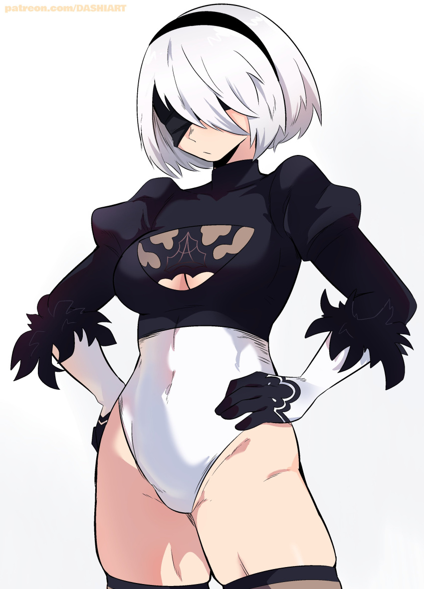 1girl absurdres black_blindfold black_hairband blindfold breasts cleavage cleavage_cutout closed_mouth clothing_cutout dashi gloves hairband hands_on_hips highres juliet_sleeves leotard long_sleeves nier:automata nier_(series) puffy_sleeves short_hair simple_background solo standing thighhighs white_hair yorha_no._2_type_b