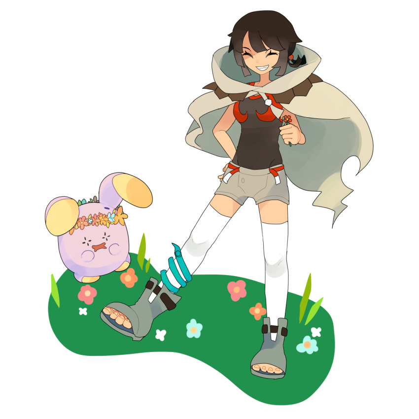 1girl ^_^ bangs black_bodysuit black_hair blue_flower bodysuit bodysuit_under_clothes cloak closed_eyes eyelashes flower flower_wreath full_body grass grey_cloak grey_footwear grey_shorts grin highres holding holding_flower orange_flower pink_flower pokemon pokemon_(creature) pokemon_(game) pokemon_oras red_bodysuit red_flower sharp_teeth short_hair shorts simple_background smile solo teeth thighhighs toeless_footwear toenails torn_cloak torn_clothes two-tone_bodysuit whismur white_background white_flower white_thighhighs yxyx_ika zettai_ryouiki zinnia_(pokemon)