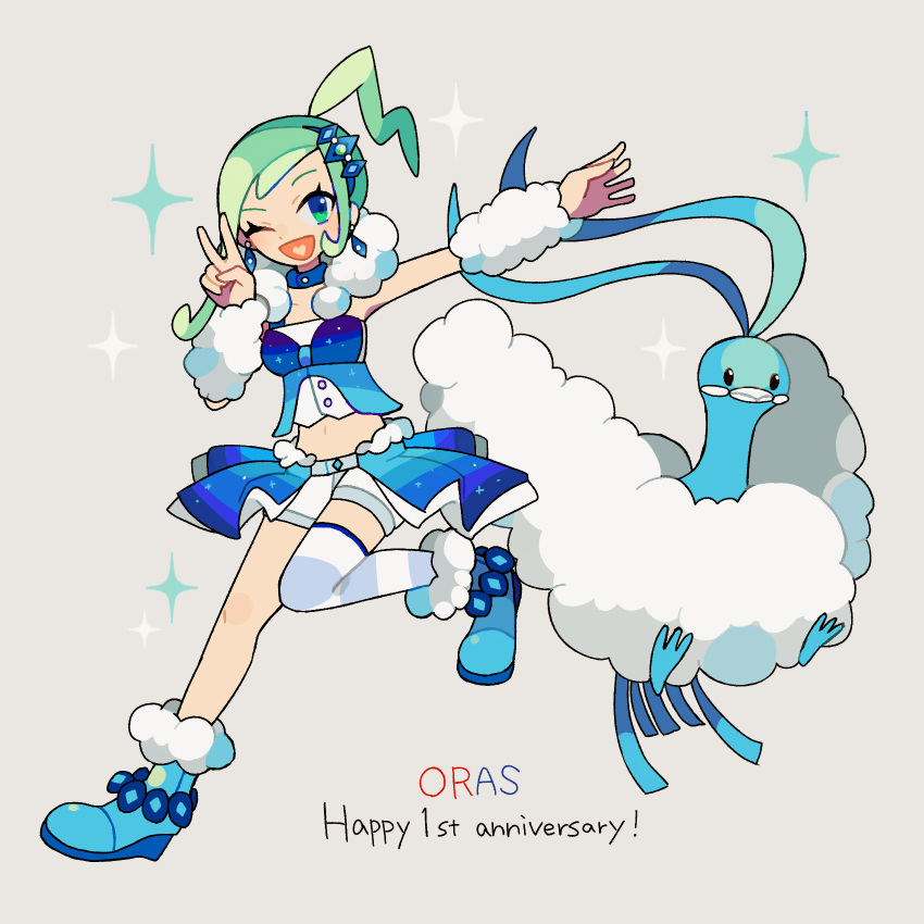1girl altaria anniversary aqua_eyes aqua_hair arm_warmers asymmetrical_hair bird blue_choker blue_footwear boots breasts choker earrings eyelashes full_body grey_background hand_up heart heart_in_mouth highres jewelry leg_up lisia_(pokemon) long_hair looking_at_viewer medium_breasts navel overskirt pokemon pokemon_(creature) pokemon_(game) pokemon_oras shorts simple_background single_thighhigh solo sparkle striped striped_thighhighs thighhighs v white_shorts yxyx_ika zettai_ryouiki