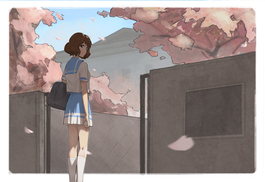 1girl bag bangs blue_serafuku blue_skirt blue_sky border brown_eyes brown_hair building cherry_blossoms closed_mouth hibike!_euphonium highres looking_at_viewer looking_back oumae_kumiko outdoors petals psylduck school_uniform serafuku shirt short_hair short_sleeves shoulder_bag skirt sky smile socks solo white_border white_shirt white_socks