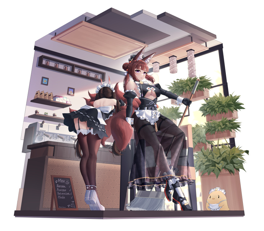 2girls absurdres alternate_costume amagi_(azur_lane) animal_ears azur_lane breasts broom cafe cleavage coffee_maker_(object) elbow_gloves english_text espresso_machine fox_ears fox_girl fox_tail full_body gloves highres holding holding_broom horns jfzm001 maid manjuu_(azur_lane) multiple_girls multiple_tails noshiro_(azur_lane) official_style oni_horns plant see-through see-through_skirt skirt standing tachi-e tail