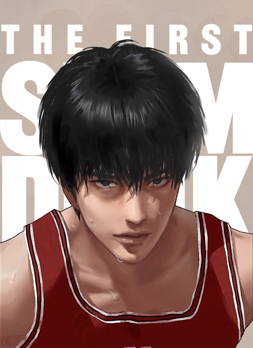 1boy bangs basketball_jersey basketball_uniform black_eyes black_hair blueship4985 copyright_name english_text highres korean_commentary looking_at_viewer male_focus portrait red_shirt rukawa_kaede shirt short_hair simple_background slam_dunk_(series) sleeveless sleeveless_shirt solo sportswear sweat