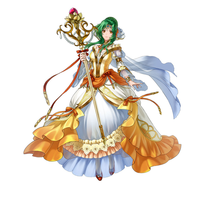 1girl breasts dress elincia_ridell_crimea fire_emblem fire_emblem:_radiant_dawn fire_emblem_heroes frilled_dress frilled_sleeves frills green_eyes green_hair hair_bun high_heels holding holding_staff juliet_sleeves long_sleeves looking_at_viewer medium_breasts official_art puffy_sleeves red_footwear smile solo staff white_background yellow_dress