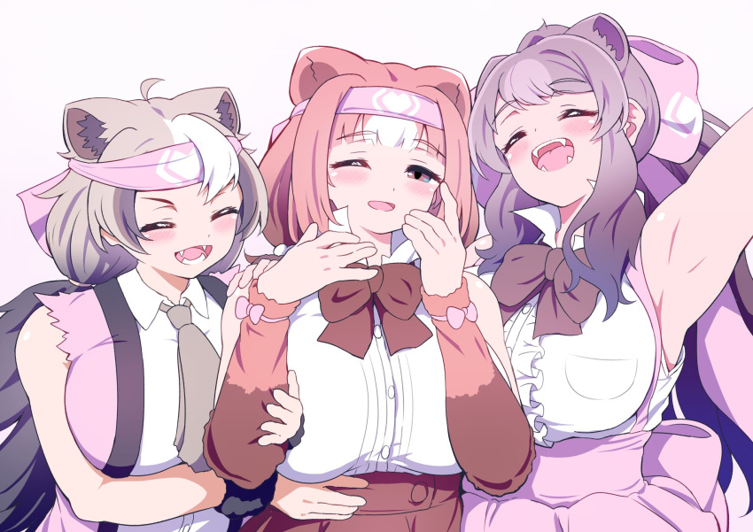 3girls animal_ears arm_up armpits bangs bear_ears bergman's_bear_(kemono_friends) black_hair bow breasts brown_eyes brown_hair center_frills closed_eyes coat extra_ears ezo_brown_bear_(kemono_friends) fangs frills grey_hair hair_bow half-closed_eye hands_up happy headband highres huge_breasts kemono_friends kodiak_bear_(kemono_friends) long_hair looking_at_viewer mamiyama multicolored_hair multiple_girls one_eye_closed open_clothes open_coat open_mouth shirt side-by-side simple_background smile torn_clothes torn_sleeves white_background white_hair