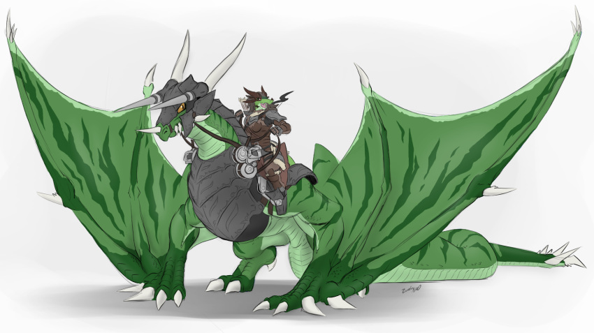 2015 anthro armor arrow_(weapon) biped bow_(weapon) colored dragon duo female feral freida_(zerofox1000) green_body green_scales hi_res horn male quadruped ranged_weapon reins riding scales scalie signature size_difference weapon western_dragon wingless_dragon wings wyvern zerofox1000