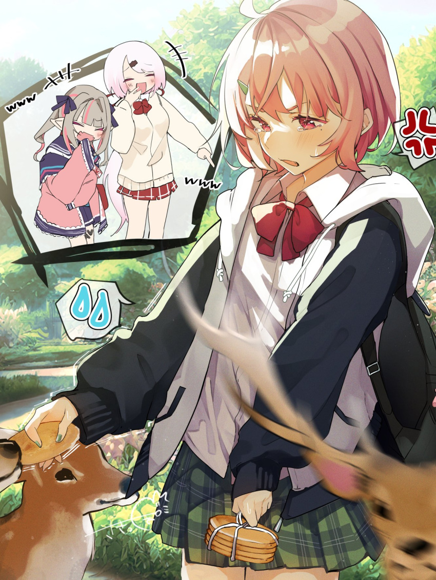 3girls :d ahoge anger_vein animal animal_ears bangs biscuit_(bread) biting biting_clothes blue_sailor_collar blue_skirt blunt_bangs blush bow checkered_clothes checkered_skirt crossed_bangs deer deer_antlers deer_ears drawstring grass green_skirt grey_hair hair_between_eyes hair_ornament hairclip highres hood hood_down hooded_jacket jacket laughing long_hair makaino_ririmu medium_hair motion_blur multicolored_hair multiple_girls nijisanji off_shoulder park parted_bangs pavement pink_hair pink_jacket pointing pointing_at_another pointy_ears red_bow red_skirt sailor_collar sakippo_(sakippo0) sasaki_saku shiina_yuika shirt short_hair sidelocks skirt smile speech_bubble standing streaked_hair sweat tree very_long_hair white_hood white_shirt