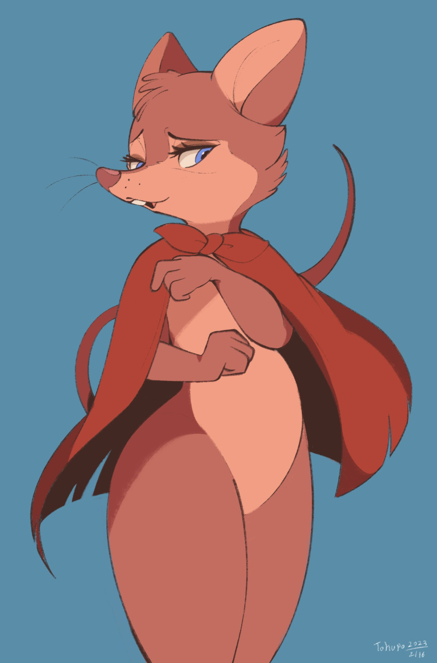 2023 absurd_res anthro blue_background blue_eyes brown_body brown_fur cheek_tuft digital_media_(artwork) don_bluth facial_tuft featureless_crotch female fur head_tuft hi_res mammal mouse mrs._brisby murid murine rodent simple_background solo the_secret_of_nimh tohupo tuft whiskers