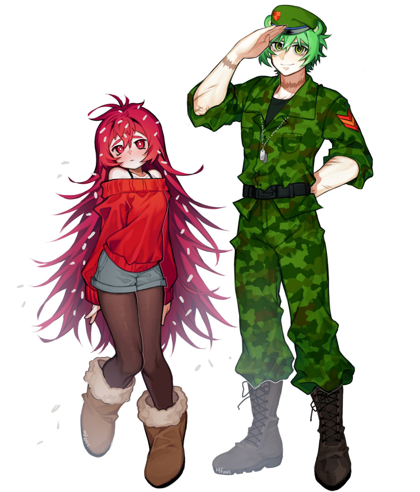 1boy 1girl animal_ears belt beret black_belt black_footwear black_shirt boots brown_footwear camouflage camouflage_jacket camouflage_pants denim denim_shorts dog_tags flaky_(happy_tree_friends) flippy_(happy_tree_friends) full_body fur_boots fur_trim green_eyes green_hair happy_tree_friends hat highres jacket long_hair looking_at_viewer mary_felizola pants pantyhose red_eyes red_hair red_sweater salute scar scar_on_arm shirt shorts simple_background smile standing sweater ugg_boots very_long_hair white_background