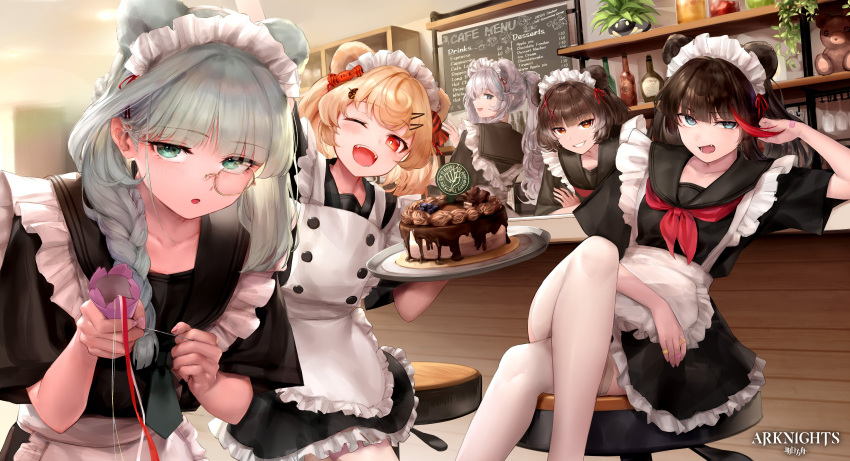 5girls absurdres alternate_costume animal_ears apron arknights bear_ears bear_girl black_hair blonde_hair brown_hair cafe cake ch'en_(arknights) chalkboard chocolate_cake english_text food gummy_(arknights) highres holding holding_tray ink. istina_(arknights) maid maid_apron maid_headdress monocle multiple_girls one_eye_closed plate rosa_(arknights) thighhighs tray white_hair zima_(arknights)