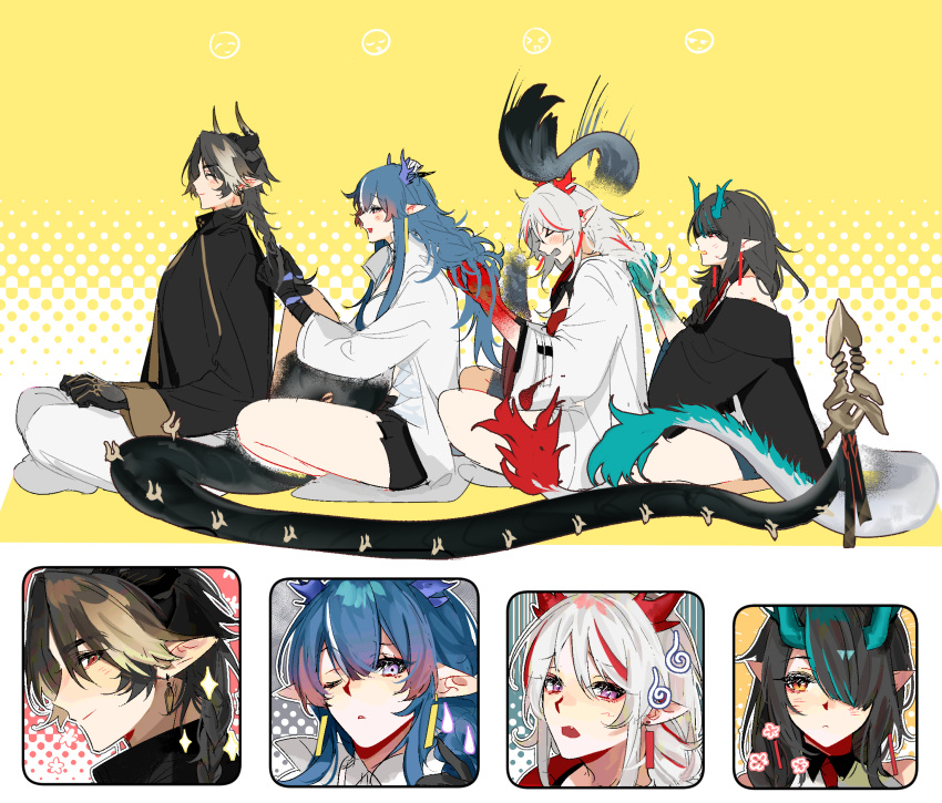 &gt;_&lt; 1boy 3girls arknights bangs bare_shoulders black_hair black_jacket black_skirt blue_hair blush chong_yue_(arknights) closed_eyes closed_mouth collared_shirt commentary_request dragon_girl dragon_horns dragon_tail dusk_(arknights) fang flame-tipped_tail grey_hair hair_between_eyes hair_over_one_eye hairdressing highres horns jacket jiaozixu light_smile ling_(arknights) long_hair multicolored_hair multiple_girls necktie nian_(arknights) off_shoulder one_eye_closed open_mouth orange_eyes pants parted_lips pleated_skirt prehensile_tail profile purple_eyes red_hair red_necktie shirt sitting skirt streaked_hair tail very_long_hair white_jacket white_pants white_shirt