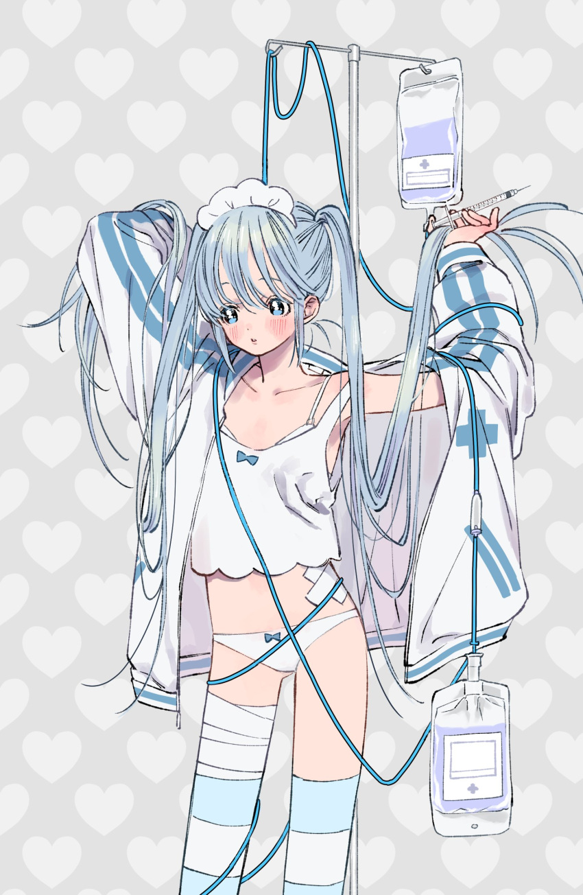 1girl absurdres bandaged_leg bandages blood blood_bag blue_bow blue_eyes blue_hair blush bow bra collarbone heart heart_background highres holding holding_syringe intravenous_drip iv_stand jacket long_hair long_sleeves looking_to_the_side maid_headdress navel open_clothes open_jacket original panties shirt solo striped syringe twintails underwear very_long_hair wata_kinoshi white_bra white_jacket white_panties white_shirt