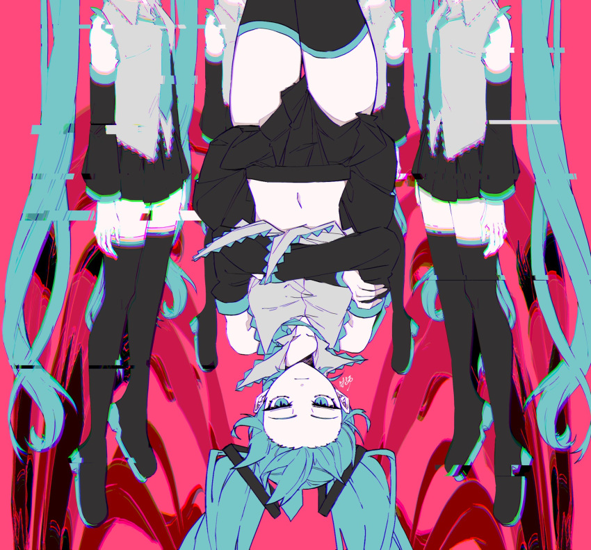5girls aqua_eyes aqua_hair black_footwear black_skirt black_sleeves boots chromatic_aberration clone colored_skin commentary crossed_arms crossed_legs detached_sleeves eiku empty_eyes forehead frown glaring glitch grey_skirt hair_ornament hanged hatsune_miku head_out_of_frame highres implied_suicide long_hair looking_at_viewer midriff multiple_girls navel pink_background pleated_skirt shirt signature skirt sleeveless sleeveless_shirt slit_pupils swirl thigh_boots thighs twintails upside-down very_long_hair vocaloid white_skin