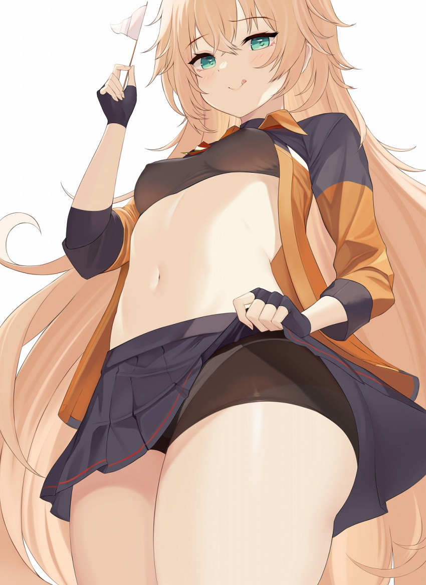 1girl :q bike_shorts black_gloves black_skirt black_sports_bra blonde_hair blush breasts clothes_lift collared_jacket commentary_request covered_nipples cowboy_shot fingerless_gloves flag from_below girls'_frontline gloves green_eyes hair_between_eyes highres holding holding_flag jacket licking_lips lifted_by_self long_hair looking_at_viewer medium_breasts messy_hair midriff navel pennant pleated_skirt s.a.t.8_(girls'_frontline) shorts shorts_under_skirt simple_background skirt skirt_lift smile solo sports_bra stomach thighs tongue tongue_out very_long_hair vii22581034 white_background white_flag