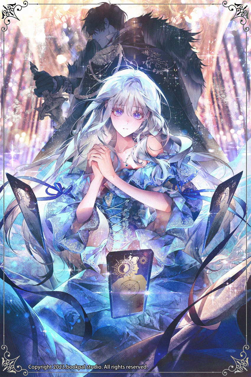 1boy 1girl ena_(enaa97) highres original own_hands_clasped own_hands_together palms_together praying purple_eyes white_hair