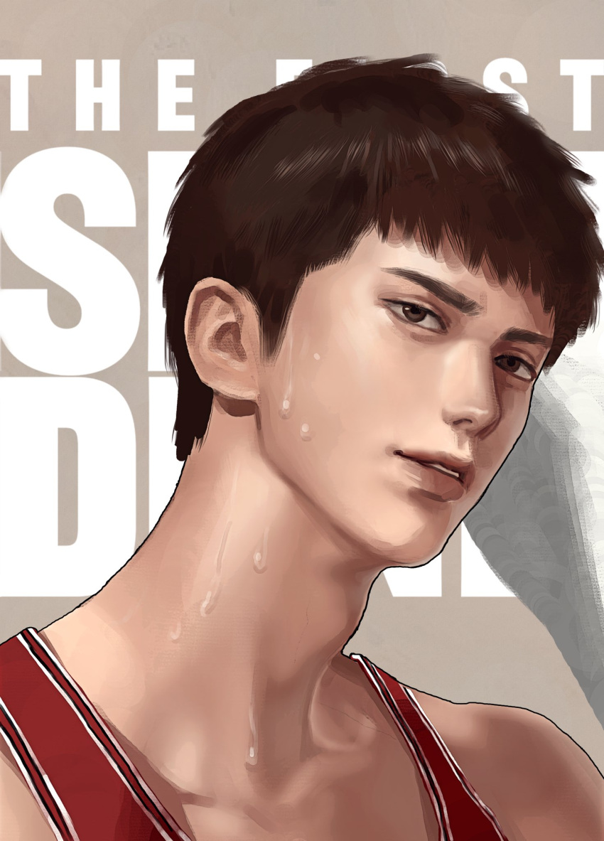 1boy basketball_jersey basketball_uniform blueship4985 brown_eyes brown_hair english_text highres korean_commentary light_smile looking_at_viewer male_focus mitsui_hisashi parted_lips portrait red_shirt shirt short_hair simple_background slam_dunk_(series) sleeveless sleeveless_shirt solo sportswear sweat
