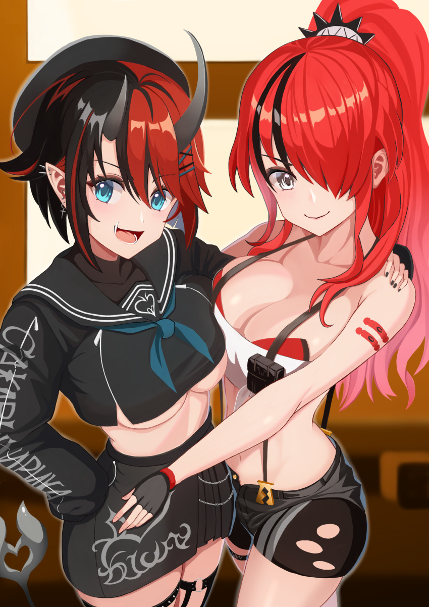 2girls 774_inc. bangs beret black_gloves black_hair black_headwear black_serafuku black_shirt black_shorts black_skirt blue_eyes blue_neckerchief blue_necktie blush bonchi_age breast_press breasts cleavage commentary_request cross cross_earrings demon_girl demon_horns demon_tail ear_piercing ear_spike earrings fingerless_gloves gloves grey_eyes hair_between_eyes hair_ornament hair_over_one_eye hand_on_another's_hip hand_on_another's_shoulder hand_on_hip hat highres horns jewelry lain_paterson large_breasts long_hair long_sleeves looking_at_viewer midriff miniskirt multicolored_hair multiple_girls navel neckerchief necktie nijisanji o-ring o-ring_thigh_strap open_mouth piercing pointy_ears ponytail red_hair ryugasaki_rene school_uniform serafuku shirt short_hair shorts skirt strapless streaked_hair sugar_lyric suspender_shorts suspenders symmetrical_docking tail thigh_strap tube_top two-tone_hair underboob virtual_youtuber white_tube_top x_hair_ornament