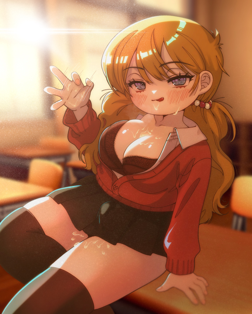 1girl absurdres bangs black_bra black_thighhighs blurry blurry_background bra breasts brown_hair bulge classroom cleavage desk futanari grey_eyes handjob_gesture highres indoors large_breasts licking_lips long_hair open_clothes open_shirt original red_sweater solo suggestive_fluid sweater thighhighs tongue tongue_out underwear yamamorino_pine